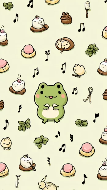A Chibi style frog surrounded by tiny musical notes and mochi desserts for a charming Kawaii Frog Wallpaper.