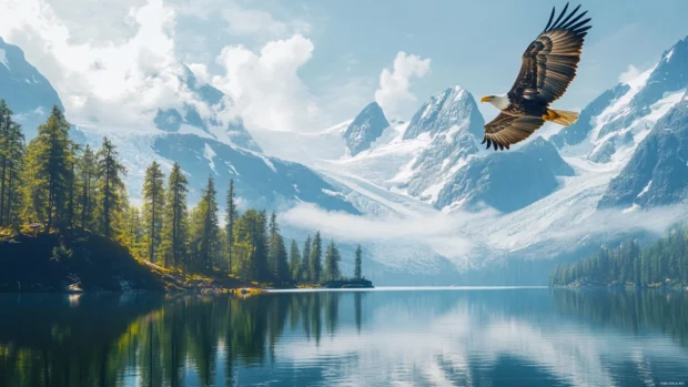 A Cool Eagle hovering calmly over a peaceful glacier lake.