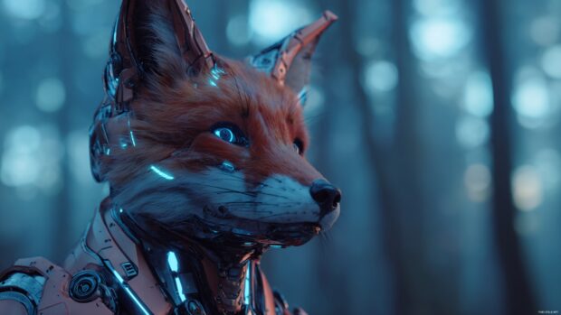 A Cool Fox with cybernetic implants standing in a digital forest, sleek tech armor and glowing eyes, sci fi theme.