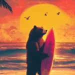 A Cool bear posing with a surfboard on a beach at sunset.