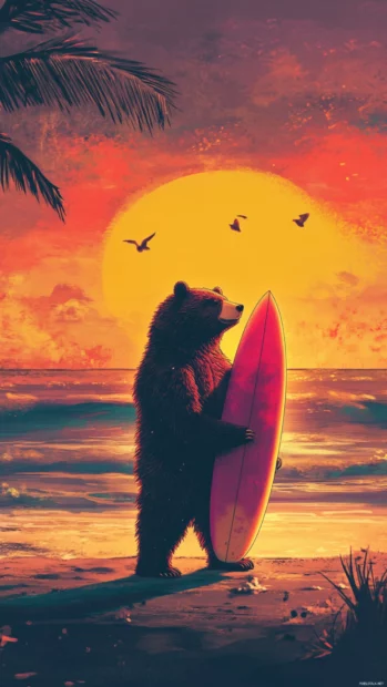 A Cool bear posing with a surfboard on a beach at sunset.