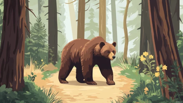 A Cool bear walking in a calm forest path with flat background.