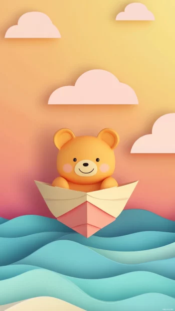 A Cute Bear sailing in a paper boat on pastel waves.