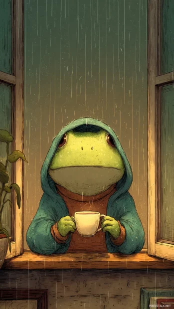 A Cute Frog in a hoodie sipping tea on a rainy windowsill, cozy mood and vertical storytelling format.