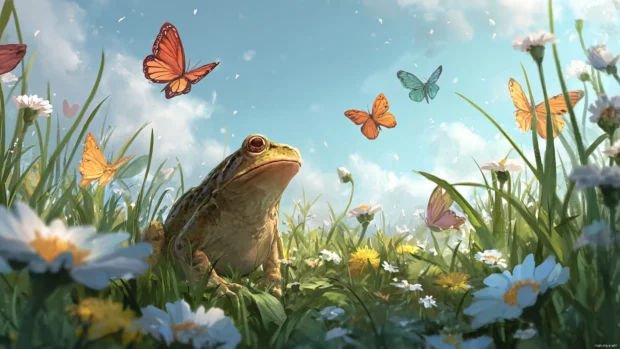 A Cute Frog surrounded by butterflies in a peaceful meadow, soft breeze and vibrant natural scenery.