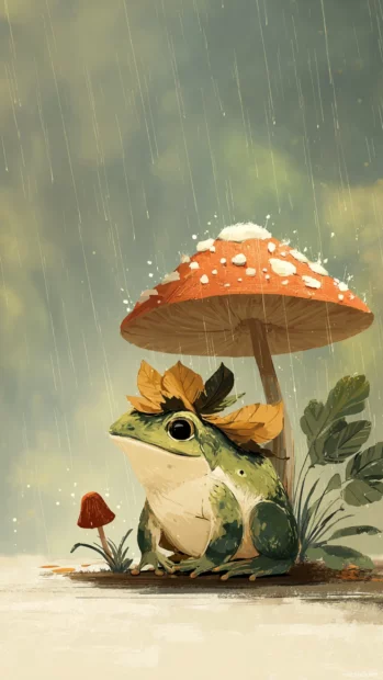 A Cute Frog wearing a tiny hat made of leaves, sitting beside a mushroom under gentle rain, vertical cozy style.