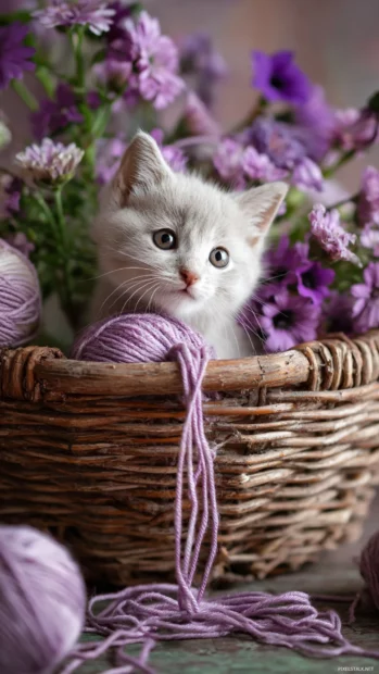 A Cute Lavender kitten playing with yarn in a basket of flowers.