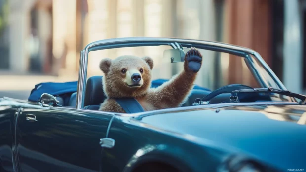 A Cute bear waving from inside a sleek convertible car.