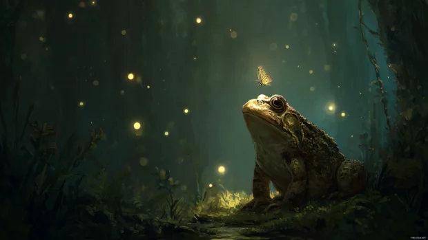 A Frog looking curiously at a firefly above its head, glowing lights and dreamy forest atmosphere.