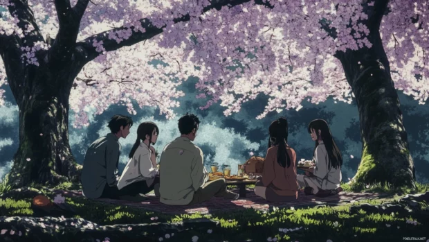 A Japanese anime scene showing friends having a picnic under cherry blossom trees.