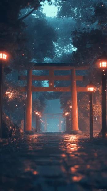 A Japanese anime temple entrance surrounded by red torii gates and softly glowing lights.