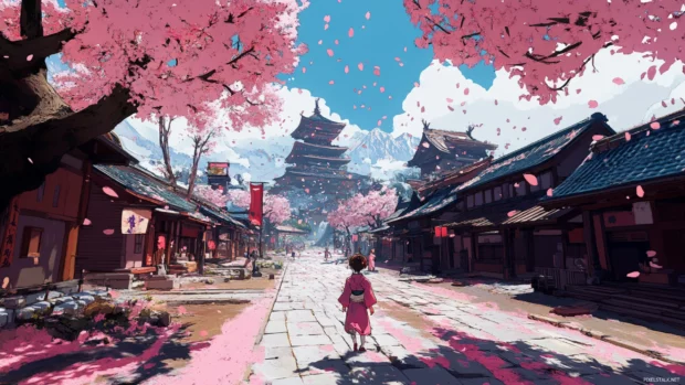 A Japanese anime village surrounded by cherry blossoms with characters walking under falling petals.