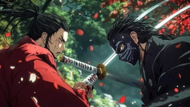 A Japanese samurai facing off against a masked opponent in a dramatic sword duel.