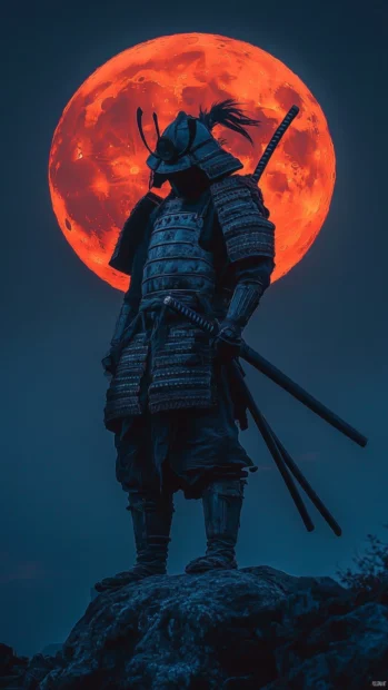 A Japanese samurai in full armor standing tall against a glowing red moon.