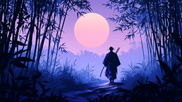 A Japanese samurai walking through a quiet bamboo forest under pale moonlight.