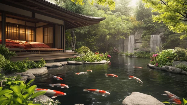 A Japanese tea house by a tranquil pond with koi fish, lush green surroundings.