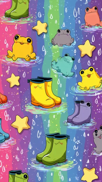 A Kawaii Frog Wallpaper with frogs wearing rain boots splashing in rainbow colored puddles under star shaped raindrops.
