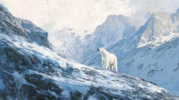 A Polar Bear on high alert, sensing danger while keeping still on glacial terrain.