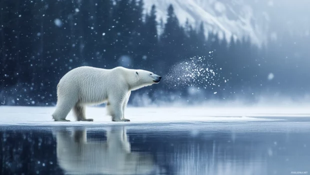 A Polar Bear shaking off snowflakes near a frozen lake edge in the heart of winter.
