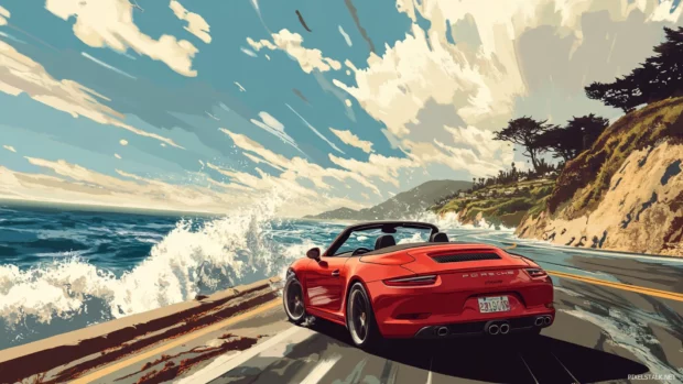 A Porsche convertible driving along a coastal road with crashing.