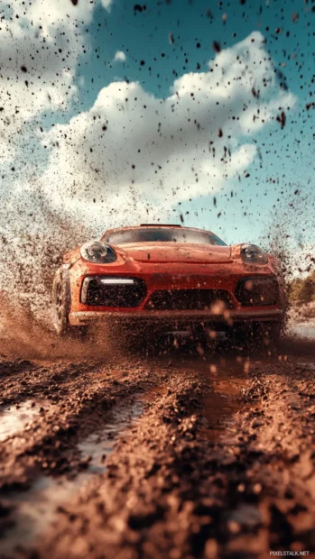 A Porsche rally car splashing through mud on an off road track captured in vivid detail.