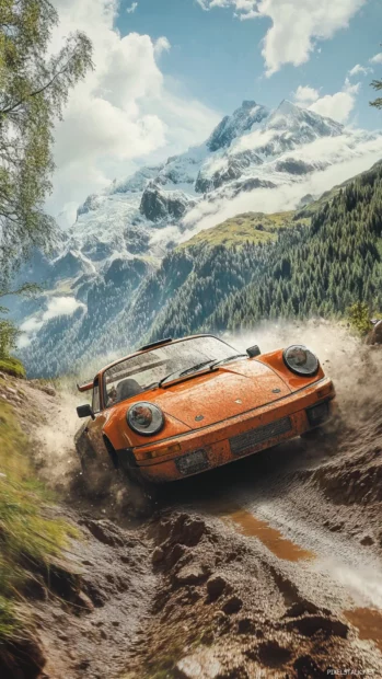 A Porsche rally scene with dirt flying as the car speeds through a rugged mountain trail.