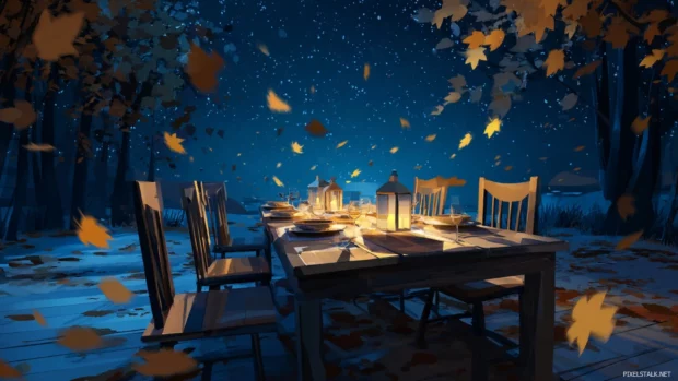 A Thanksgiving dinner under the stars with soft fall leaves drifting around a glowing wooden table.