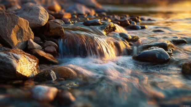 A Waterfall glowing under golden sunset hues as the water shimmers against smooth river stones.