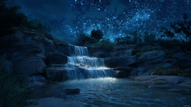 A Waterfall sparkling in the moonlight under a starry night sky with rich 4K textures throughout the scene.