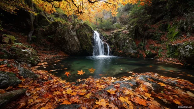 A Waterfall surrounded by bright autumn foliage with leaves gently falling around it.