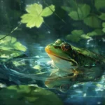 A aesthetic frog wallpaper depicting a serene green frog in a lush forest pool with gentle ripples.