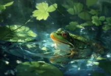 A aesthetic frog wallpaper depicting a serene green frog in a lush forest pool with gentle ripples.