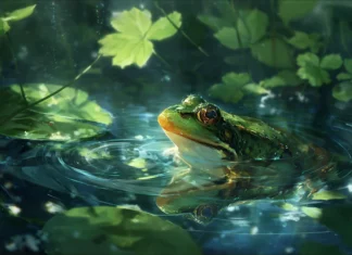 A aesthetic frog wallpaper depicting a serene green frog in a lush forest pool with gentle ripples.
