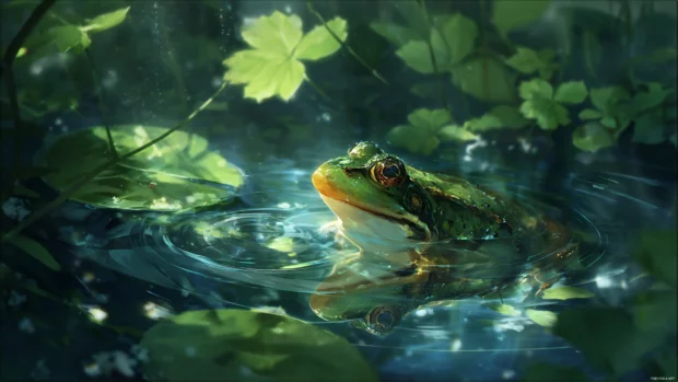A aesthetic frog wallpaper depicting a serene green frog in a lush forest pool with gentle ripples.
