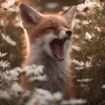 A baby Cute Fox yawning inside a daisy patch, warm morning light, tender and innocent vibe, soft focus.