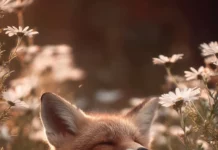A baby Cute Fox yawning inside a daisy patch, warm morning light, tender and innocent vibe, soft focus.