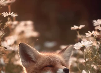 A baby Cute Fox yawning inside a daisy patch, warm morning light, tender and innocent vibe, soft focus.