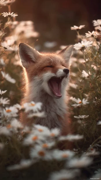 A baby Cute Fox yawning inside a daisy patch, warm morning light, tender and innocent vibe, soft focus.