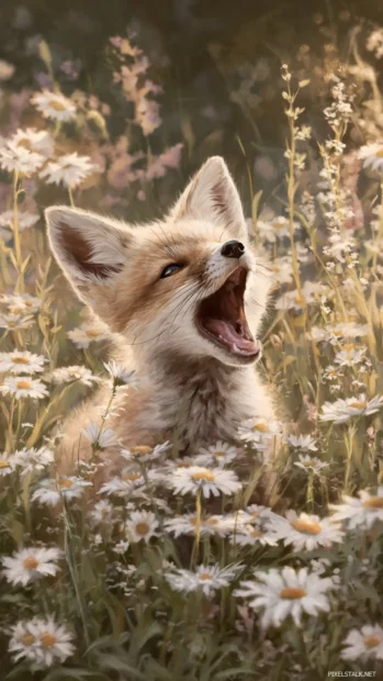 A baby Fox yawning in a field of daisies at sunrise, soft pastel palette, innocent expression, dreamy setting.