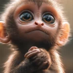 A baby cute monkey looking up with big round eyes and tiny hands folded.