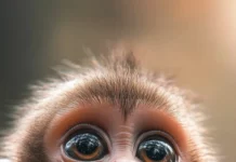 A baby cute monkey looking up with big round eyes and tiny hands folded.