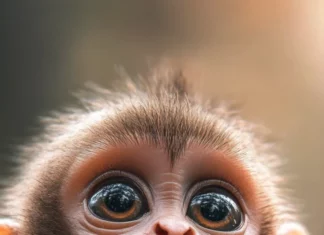 A baby cute monkey looking up with big round eyes and tiny hands folded.