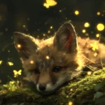 A baby fox nestled in moss with glowing fireflies dancing around, perfect for a cute fox wallpaper.
