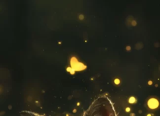 A baby fox nestled in moss with glowing fireflies dancing around, perfect for a cute fox wallpaper.