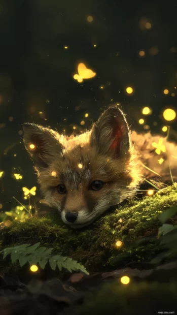 A baby fox nestled in moss with glowing fireflies dancing around, perfect for a cute fox wallpaper.