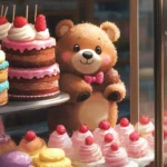 A bakery window full of cakes with Cute Bear peeking in.