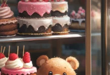 A bakery window full of cakes with Cute Bear peeking in.