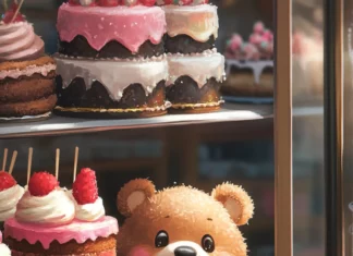 A bakery window full of cakes with Cute Bear peeking in.