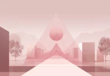 A balanced geometric scene in dusty pink with triangles and linear perspective.