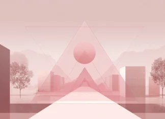 A balanced geometric scene in dusty pink with triangles and linear perspective.